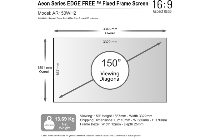 Ecran proiectie cu rama fixa de perete  Elitescreens 332 x 187 cm AEON AR150WH2 Format 16:9