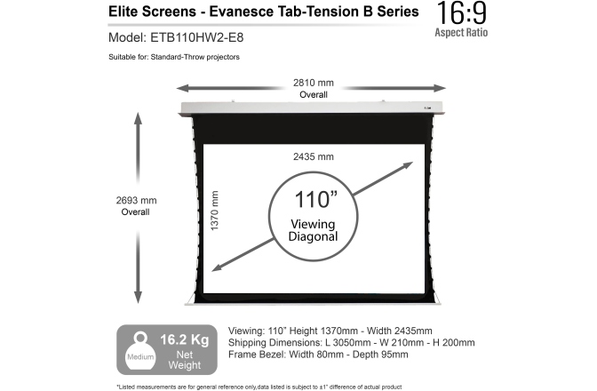 Ecran proiectie electric Elitescreens 243.8 x 137 cm Tensionat Evanesce Tab-Tension B 16:9