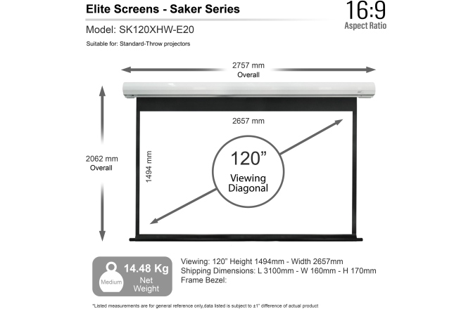 Ecran proiectie electric perete/tavan Elitescreens  265.7 x 149.6 cm Saker SK120XHW-E20 Format 16:9