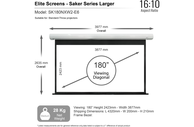 Ecran proiectie electric perete/tavan  Elitescreens 387,6 x 242,3 cm Saker SK180NXW2-E6 format 16:10 trigger 12V