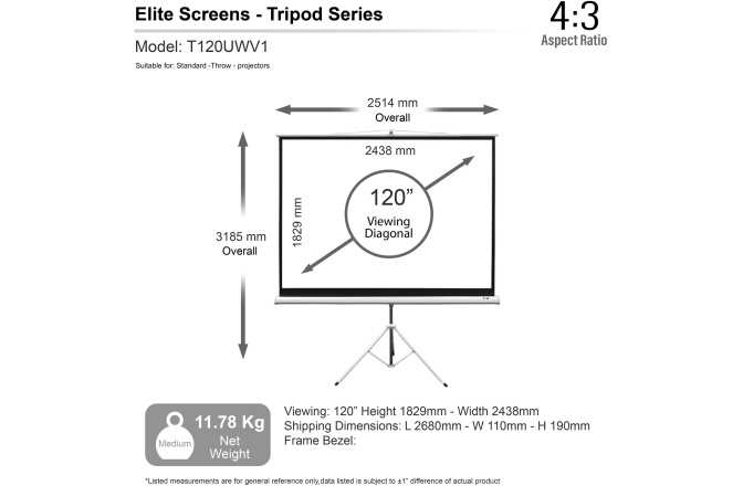 Ecran proiectie portabil cu trepied Elitescreens  244 x 183 cm profesional format 4:3