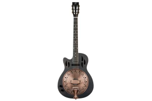Ortega Americana Series Resonator Guitar 6 String Lefty - Distressed Black / Antique Brass HW