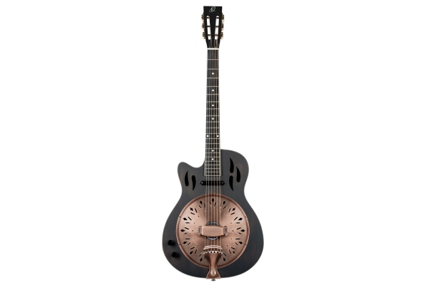 Ortega Americana Series Resonator Guitar 6 String Lefty - Distressed Black / Antique Brass HW
