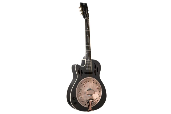 Ortega Americana Series Resonator Guitar 6 String Lefty - Distressed Black / Antique Brass HW — 2