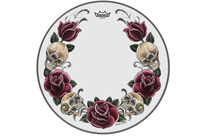 Faţă tobă Remo Faţă tobă Tattoo Skyn Powerstroke 3 Bass Drum 22" Tattoo Rock and Roses alb Pa-1322-TT-T05
