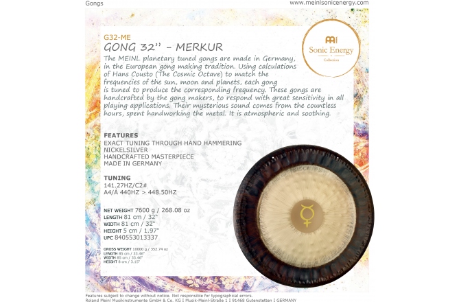 Gong Meinl The MEINL Planetary Tuned Gong 32" (81cm) - Mercury - 141.27 Hz