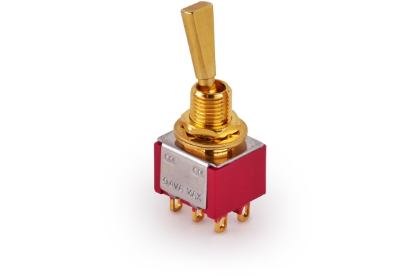 Mini Toggle Switch, Flat, Solder Lugs, ON/ON, DPDT - Gold Mini Toggle Switch, Flat, Solder Lugs, ON/ON, DPDT - Gold