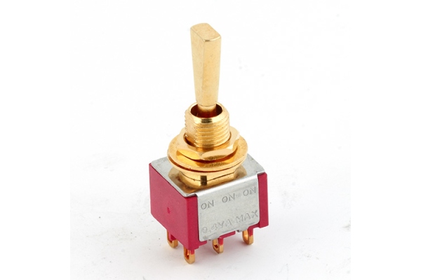Mini Toggle Switch, Flat, Solder Lugs, ON/ON/ON, DP3T - Gold Mini Toggle Switch, Flat, Solder Lugs, ON/ON/ON, DP3T - Gold