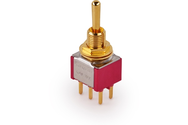 Mini Toggle Switch, Long, Print, ON/ON/ON, DP3T - Gold Mini Toggle Switch, Long, Print, ON/ON/ON, DP3T - Gold