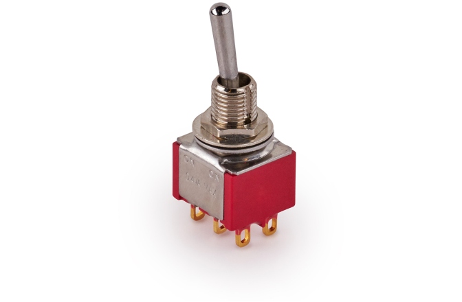Mini comutator chitară MEC Pickups  Mini Toggle Switch, Long, Solder Lugs, ON/ON, DPDT - Chrome