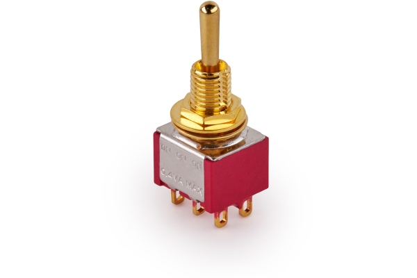 Mini Toggle Switch, Long, Solder Lugs, ON/ON/ON, DP3T - Gold Mini Toggle Switch, Long, Solder Lugs, ON/ON/ON, DP3T - Gold