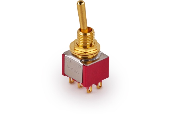 Mini Toggle Switch, Long, Solder Lugs, ON/ON, DPDT - Gold Mini Toggle Switch, Long, Solder Lugs, ON/ON, DPDT - Gold