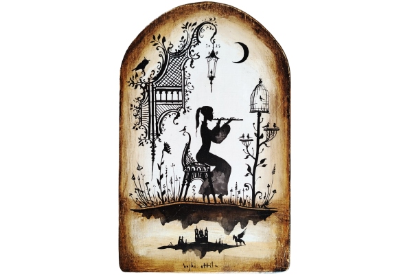  Painting on wood - Girl with flute and bird I 22 x 14