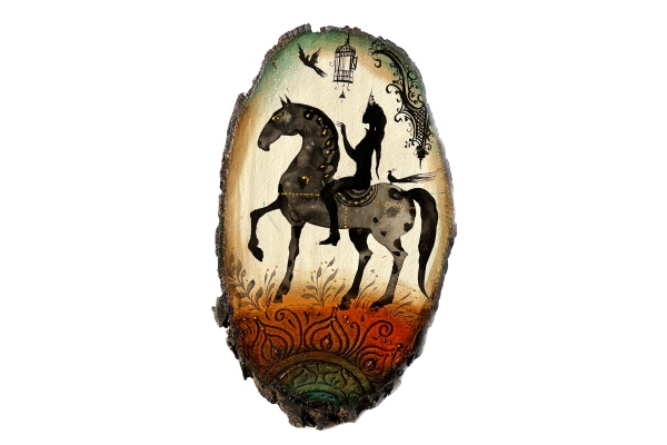 Painting on wood - Princess on horseback 21 x 10.5