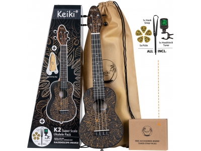 KEIKI K2 Series Superscale Ukulele Set 4 String - Agathis top / Orange + Headstock tuner, Soundhole hook strap/support, 5 medium picks and drawstring bag