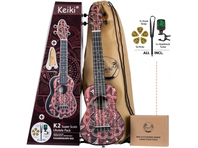KEIKI K2 Series Superscale Ukulele Set 4 String - Agathis top / Red + Headstock tuner, Soundhole hook strap/support, 5 medium picks and drawstring bag