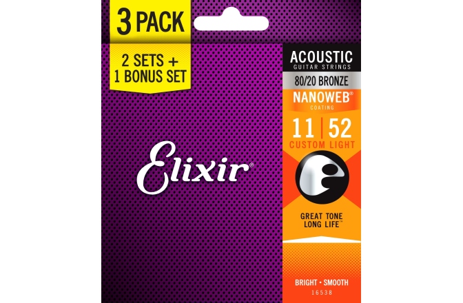 Pachet corzi Elixir 3Pack Nanoweb Acoustic 80/20 11-52 16538