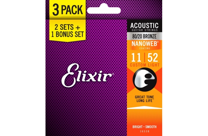 Pachet corzi Elixir 3Pack Nanoweb Acoustic 80/20 11-52