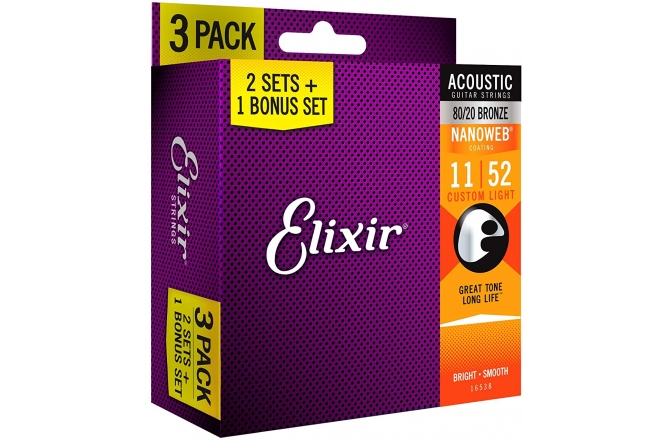 Pachet corzi Elixir 3Pack Nanoweb Acoustic 80/20 11-52
