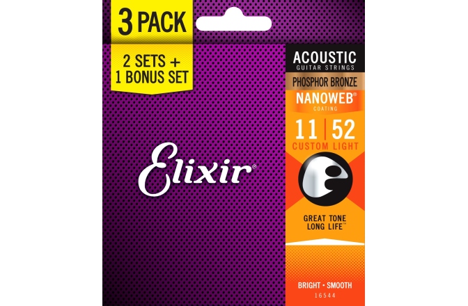 Pachet corzi Elixir 3Pack Nanoweb Acoustic Ph Bronze 11-52