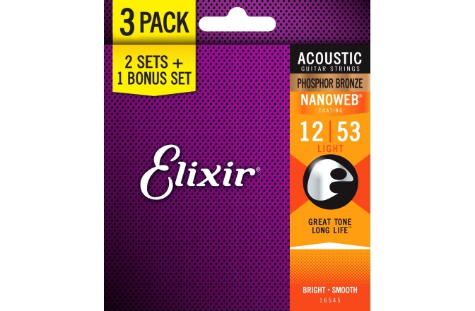 Pachet corzi Elixir 3Pack Nanoweb Acoustic Ph Bronze 12-53