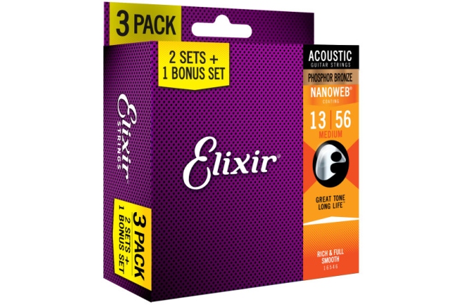 Pachet corzi Elixir 3Pack Nanoweb Acoustic Ph Bronze 13-56 16546