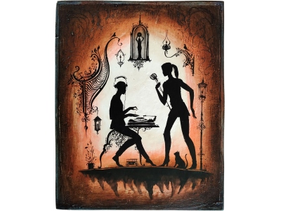 Pictură pe lemn - Pereche muzicală - pickup și microfon I 30 x 24