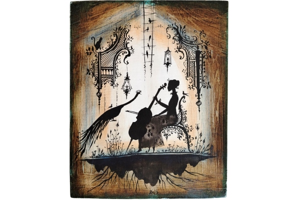 Pictură pe lemn - Fată cu violoncel și păun I 25 x 20 Pictură pe lemn - Fată cu violoncel și păun I 25 x 20