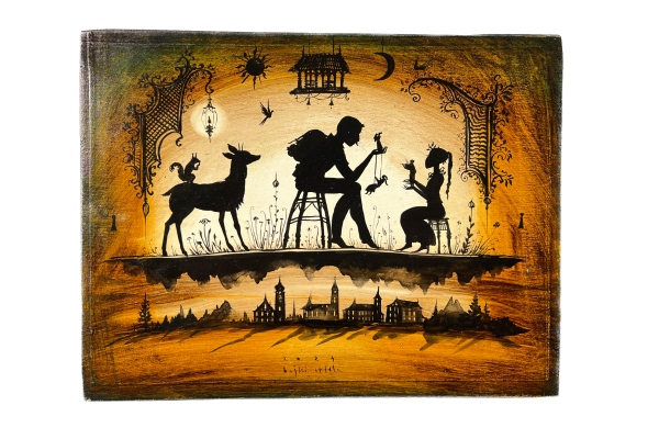 Pictura pe lemn - Muzicanți cu marionete I 20 x 26