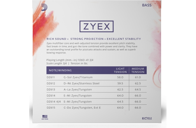 Set contrabas 3/4 Daddario Zyex Bass String Set 3/4 Scale MT