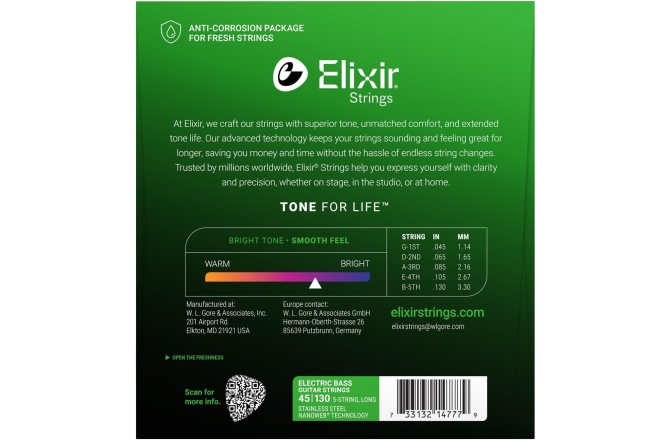 Set Corzi de Bas Electric cu 5 Corzi Elixir Stainless Steel 5 Light 14777 