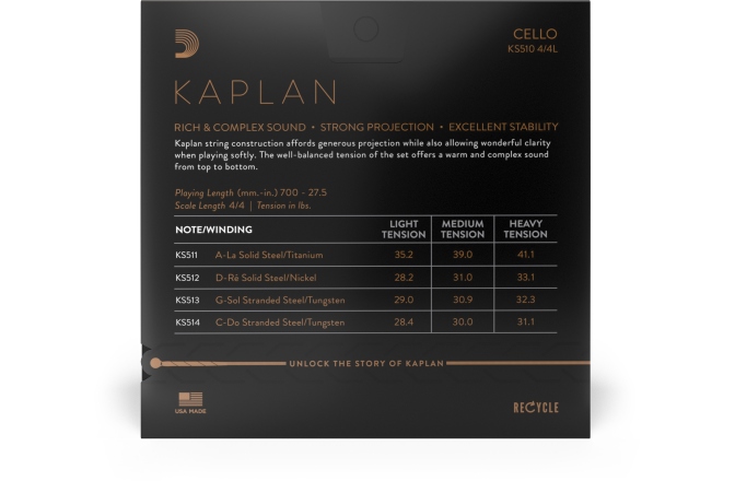 Set corzi violoncel 4/4 Daddario Kaplan Cello String Set 4/4 Scale LT