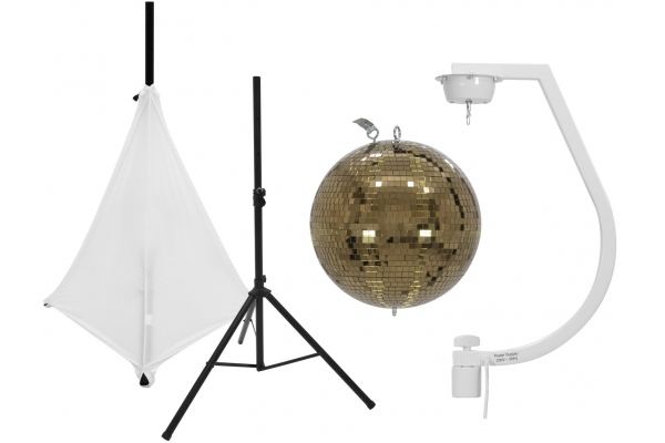Set Mirror ball 30cm gold with stand and tripod cover white