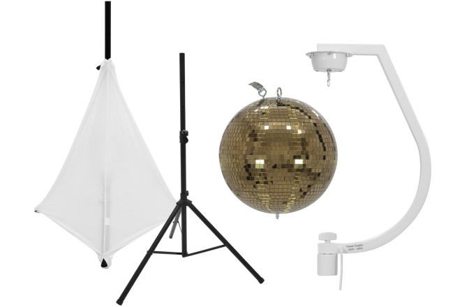 Set glob cu oglinzi Eurolite Set Mirror ball 30cm gold with stand and tripod cover white