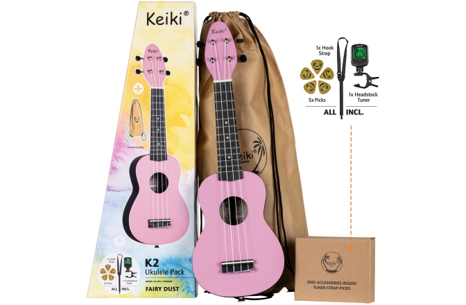 Set ukulele sopran Ortega KEIKI K2 Series Ukulele Set 4 String ''Fairy Dust" - incl. Gymbag/H-Tuner/5 Picks/Strap