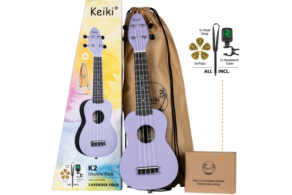 KEIKI K2 Series Ukulele Set 4 String "Lavender Field" - incl. Gymbag/H-Tuner/5 Picks/Strap