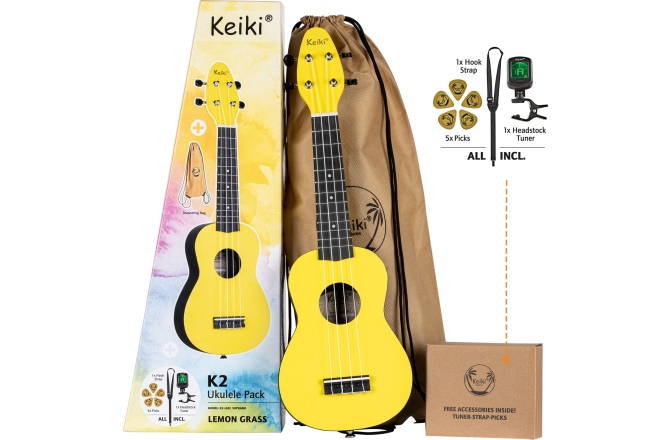 Set ukulele sopran Ortega KEIKI K2 Series Ukulele Set 4 String ''Lemon Grass" - incl. Gymbag/H-Tuner/5 Picks/Strap