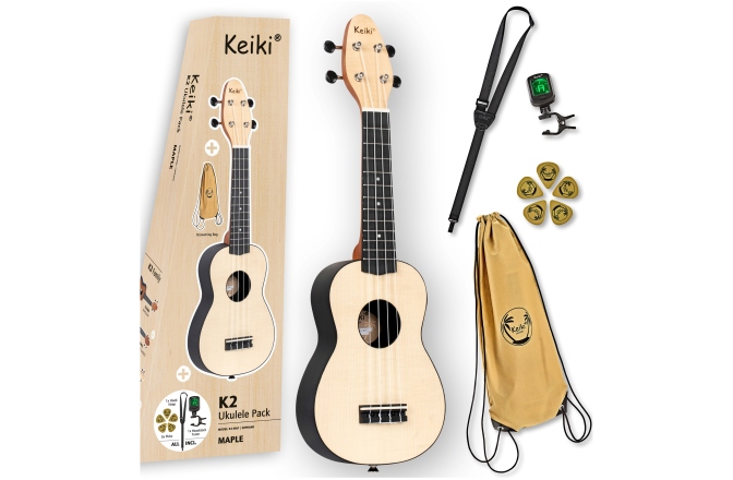 Set ukulele sopran Ortega KEIKI K2 Series Ukulele Set 4 String ''Maple" - incl. Gymbag/H-Tuner/5 Picks/Strap