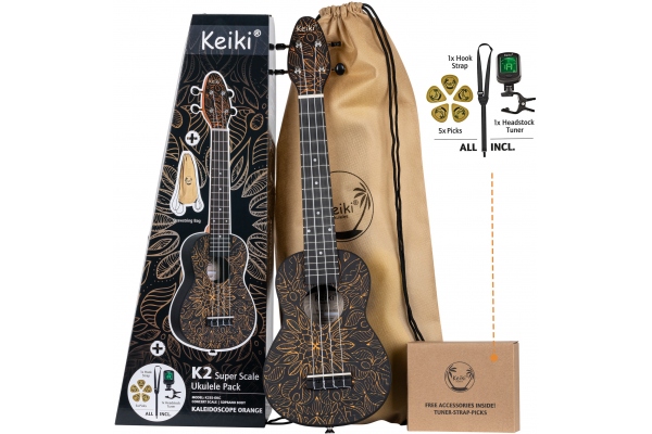 KEIKI K2 Series Superscale Ukulele Set 4 String - Agathis top / Orange + Headstock tuner, Soundhole hook strap/support, 5 medium picks and drawstring bag