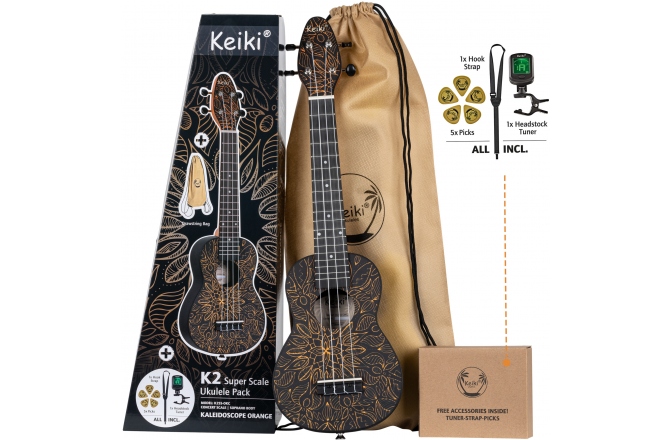 Set ukulele Superscale Ortega KEIKI K2 Series Superscale Ukulele Set 4 String - Agathis top / Orange + Headstock tuner, Soundhole hook strap/support, 5 medium picks and drawstring bag