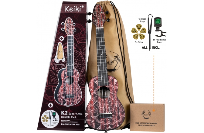Set ukulele Superscale Ortega KEIKI K2 Series Superscale Ukulele Set 4 String - Agathis top / Red + Headstock tuner, Soundhole hook strap/support, 5 medium picks and drawstring bag