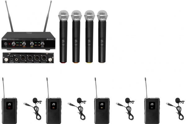 Set UHF-E4 Wireless Mic System + 4x BP + 4x Lavalier Microphone