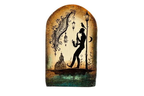  Painting on wood - Man with saxophone I 22 x 13