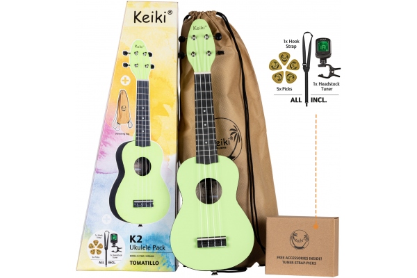 KEIKI K2 Series Ukulele Set 4 String "Tomatillo" - incl. Gymbag/H-Tuner/5 Picks/Strap