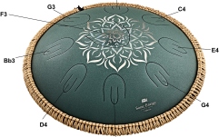 Steel Tongue Fa Major Meinl Sonic Energy 16'' Octave Steel Tongue Drum, F Major, 9 Notes, 432 Hz, Dark Green, Engraved floral design