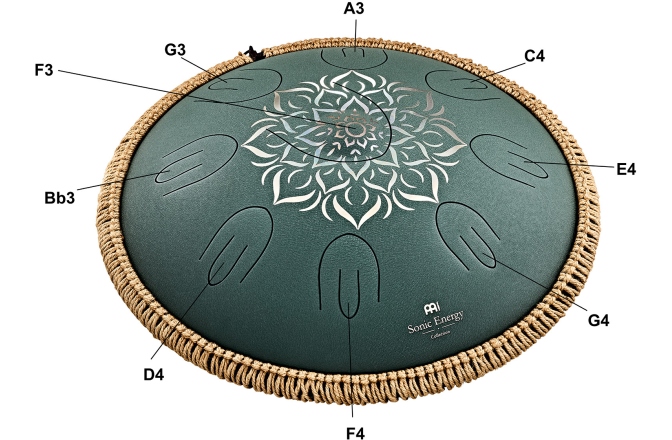 Steel Tongue Fa Major Meinl Sonic Energy 16'' Octave Steel Tongue Drum, F Major, 9 Notes, 432 Hz, Dark Green, Engraved floral design