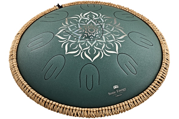 Sonic Energy 16'' Octave Steel Tongue Drum, F Major, 9 Notes, 432 Hz, Dark Green, Engraved floral design
