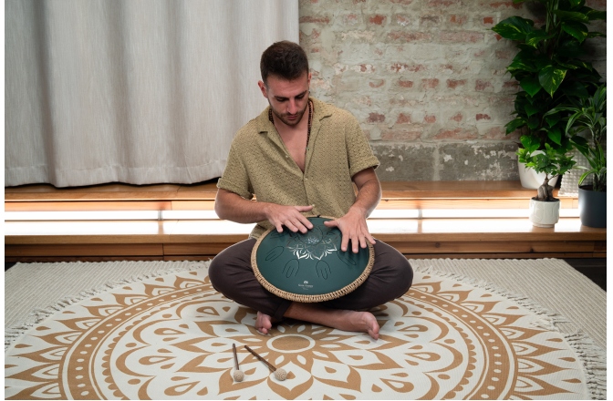 Tongue Drum F# minor Meinl Sonic Energy 16'' Octave Steel Tongue Drum, F# Minor, 9 Notes, 432 Hz, Dark Green, Engraved floral design