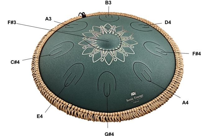 Tongue Drum F# minor Meinl Sonic Energy 16'' Octave Steel Tongue Drum, F# Minor, 9 Notes, 432 Hz, Dark Green, Engraved floral design