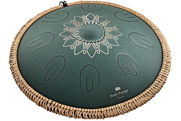 Sonic Energy 16'' Octave Steel Tongue Drum, F# Minor, 9 Notes, 432 Hz, Dark Green, Engraved floral design